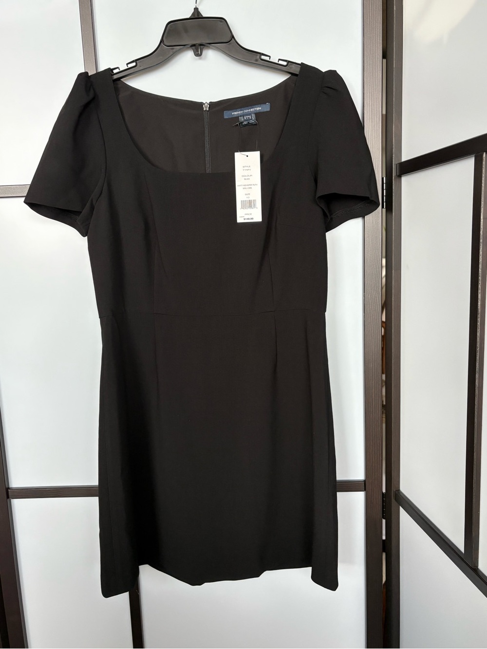 French Connection Black Puff Sleeve Mini Dress NWT Size 10 Classic Square Neck - Picture 6 of 14